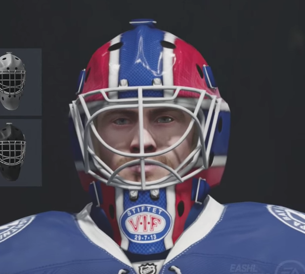 Keepermaska til Steffen Søberg i NHL16. Skjermdump fra FlopFish/Youtube.