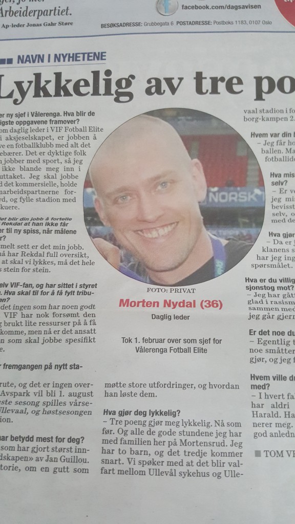 Morten Nydal var "Navn i nyhetene" hos Dagsavisen. Faksmile Dagsavisen fredag 19/2-16