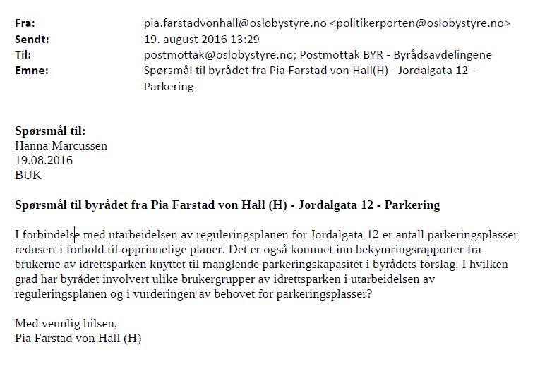 Brev fra von Hall. Skjermdump: innsyn.pbe.oslo.kommune.no